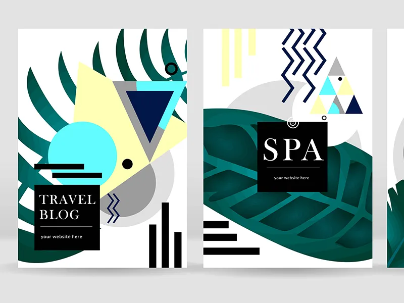 Brochure and leaflet designs with tropical and geometric covers
